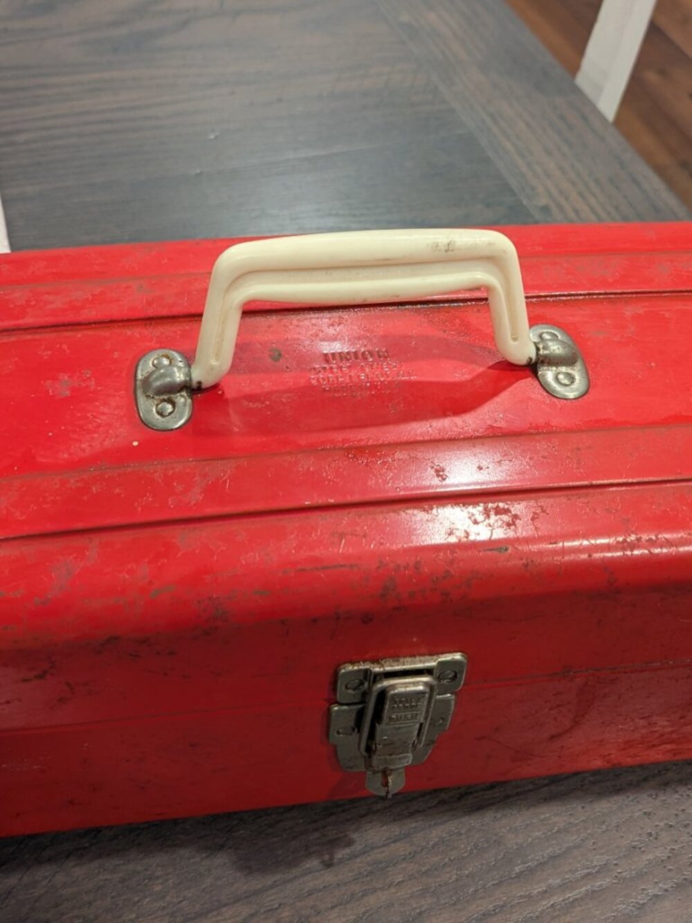 Vintage Red Metal Tool Box- Union Steel Chest Company Corp. Leroy N.Y.